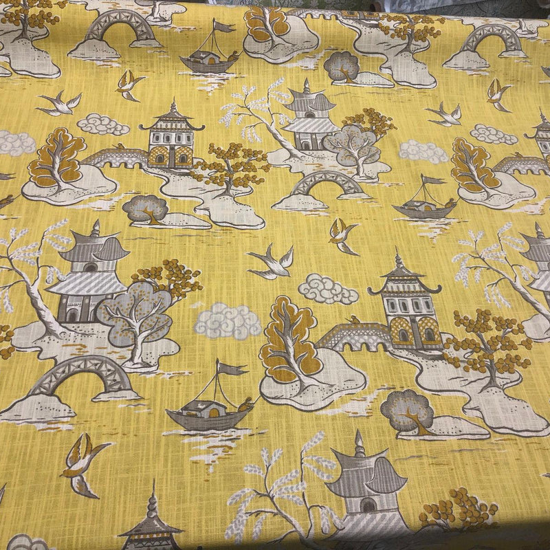 Xanadu Modern Chinoiserie Toile Cotton Fabric - Lemon Drop Yellow, 27" Horizontal Repeat, 27" Vertical Repeat, 56" Width (1 Yard)