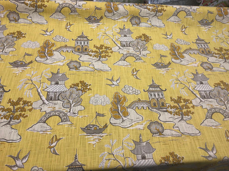 Xanadu Modern Chinoiserie Toile Cotton Fabric - Lemon Drop Yellow, 27" Horizontal Repeat, 27" Vertical Repeat, 56" Width (1 Yard)