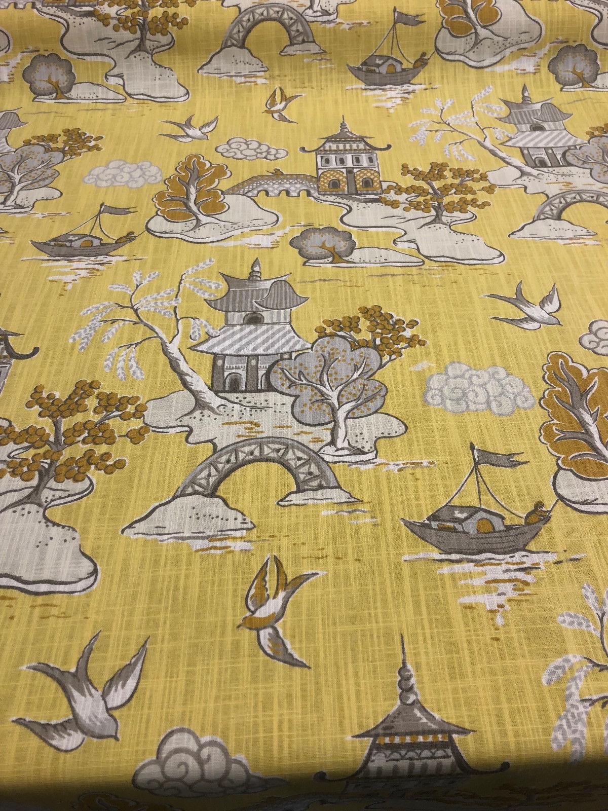 Xanadu Modern Chinoiserie Toile Cotton Fabric - Lemon Drop Yellow, 27" Horizontal Repeat, 27" Vertical Repeat, 56" Width (1 Yard)
