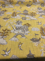 Xanadu Modern Chinoiserie Toile Cotton Fabric - Lemon Drop Yellow, 27" Horizontal Repeat, 27" Vertical Repeat, 56" Width (1 Yard)