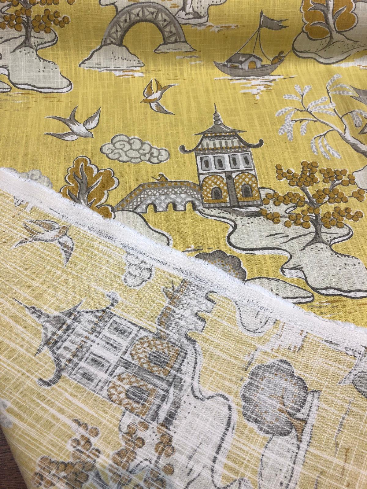 Xanadu Modern Chinoiserie Toile Cotton Fabric - Lemon Drop Yellow, 27" Horizontal Repeat, 27" Vertical Repeat, 56" Width (1 Yard)