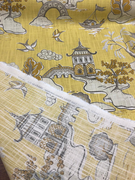 Xanadu Modern Chinoiserie Toile Cotton Fabric - Lemon Drop Yellow, 27" Horizontal Repeat, 27" Vertical Repeat, 56" Width (1 Yard)