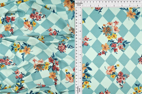1 Yard DTY Argyle Floral Knit Fabric, Sage Light Stretch Flower Print 58/60" Wide
