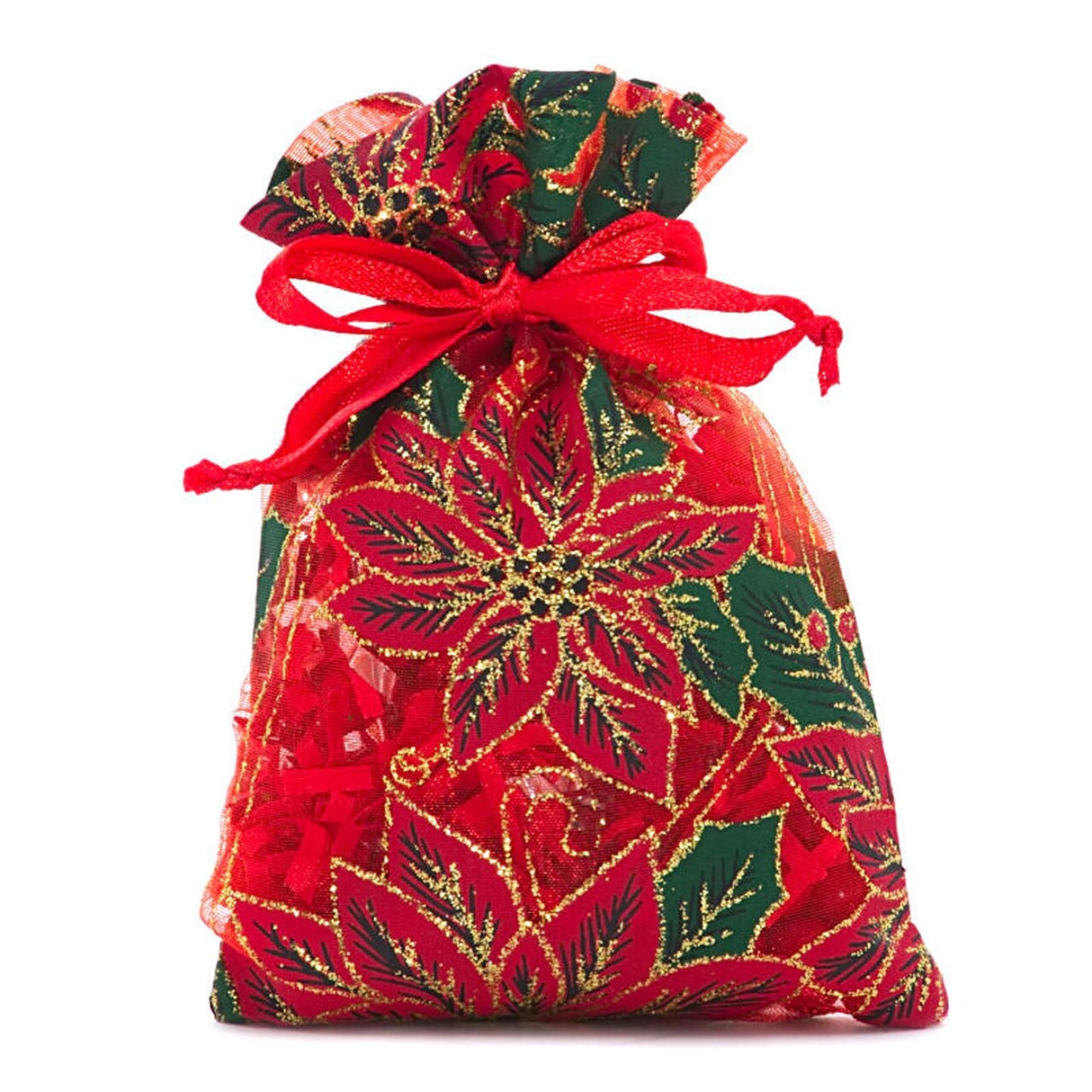 Red Poinsettias Sheer Fabric Bag 4” x 6” for Holiday Gifts