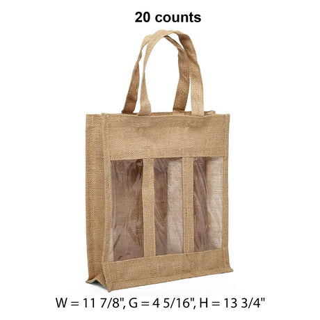 Jute Wine Bags with Window 11 7/8 '' X 4 5/16 '' X 13 3/4 '' Three Bottle
