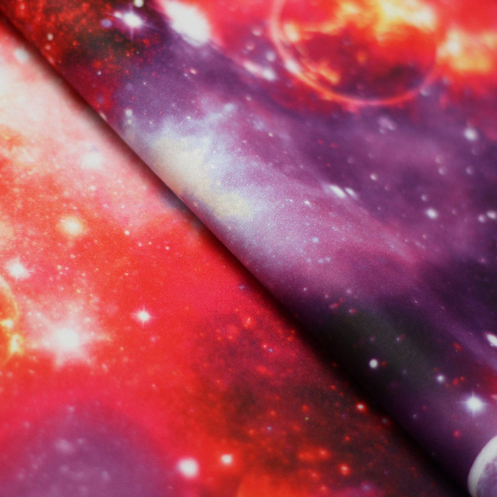 Galaxy Polyester Spandex Fabric - Pink, Blue, Multi, Sparkly Galaxy Print, 58/60" Width, 200 GSM (1 Yard)