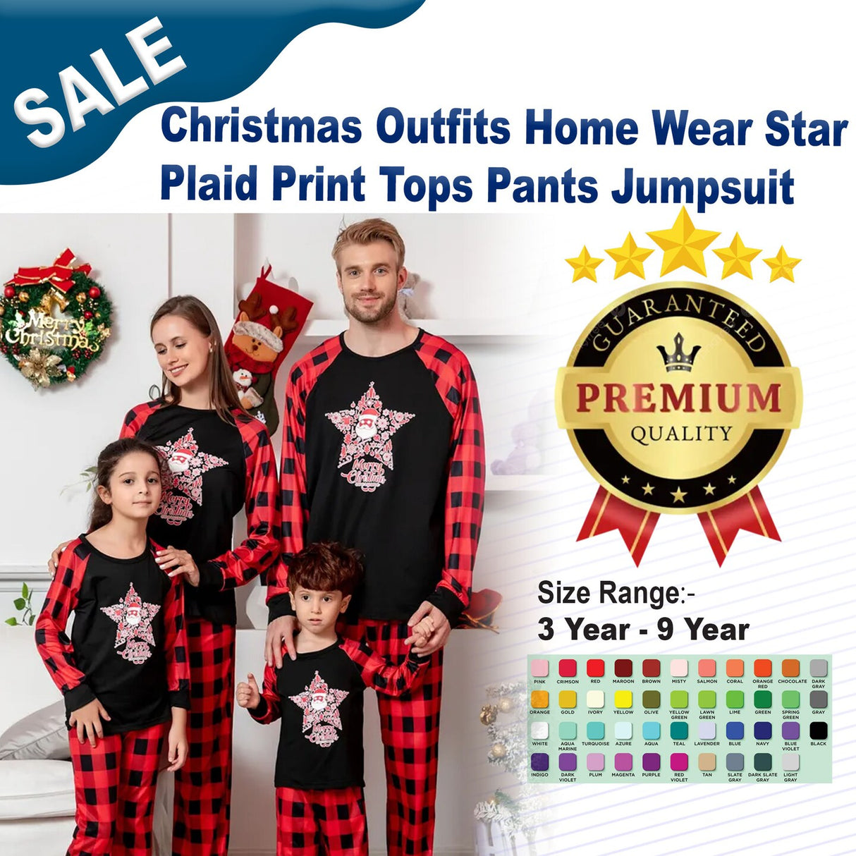 Christmas Outfits Home Wear Star Plaid Print Tops Pants Jumpsuit