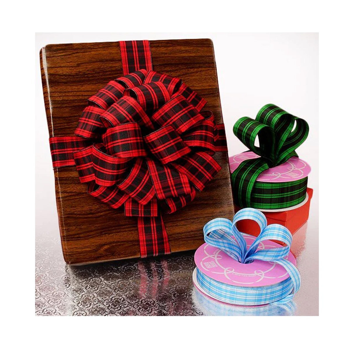 Plaid Linen Look Wired Ribbon Red 1.5" x 25 yd