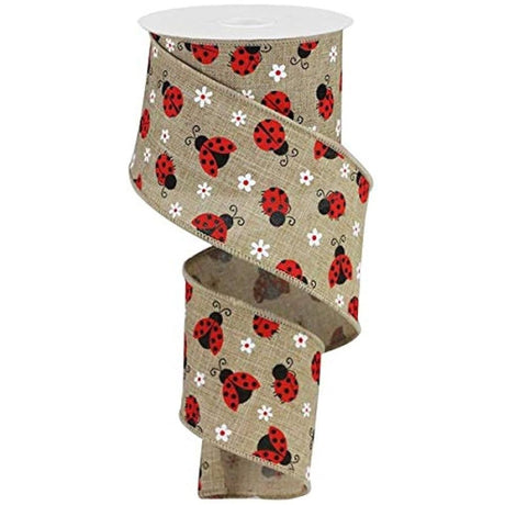 Ladybug Themed Natural Wired Ribbon 2.5" Width 10 Yards of Fun