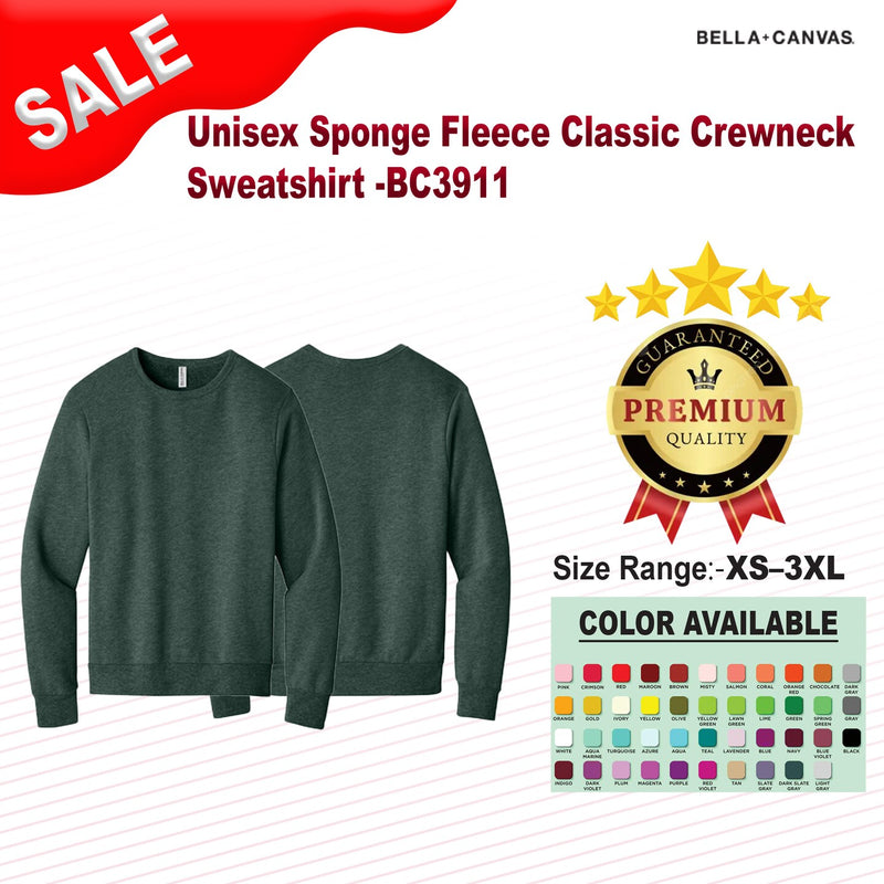 BELLA+CANVAS® Unisex Sponge Fleece Classic Crewneck Long Sleeve Sweatshirt