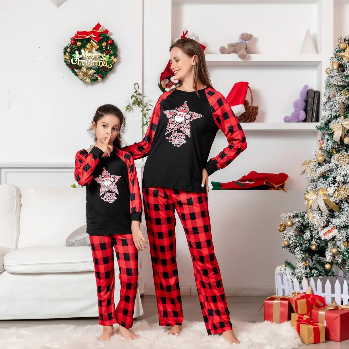 Christmas Outfits Home Wear Star Plaid Print Tops Pants Jumpsuit