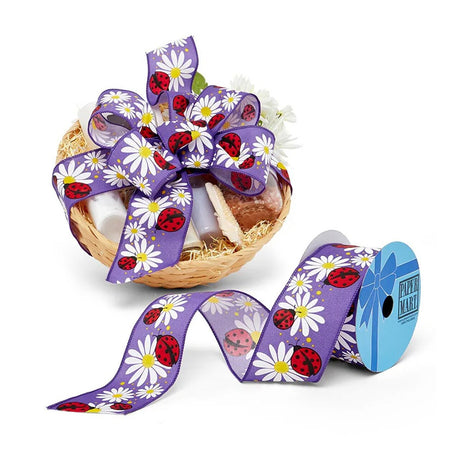 Flowers Printed Wired Ribbon 2.5" x 10 yd Ladybugs & Posies on Purple
