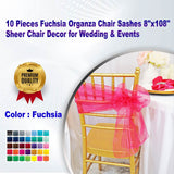 10 Pieces Fuchsia Organza Chair Sashes 8"x108" Sheer Chair Decor for Wedding & Events