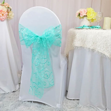 10 Pieces Tiff Blue Or Aqua Blue Embroidered Organza Chair Sashes 8"x108" Luxury Event & Wedding Decor