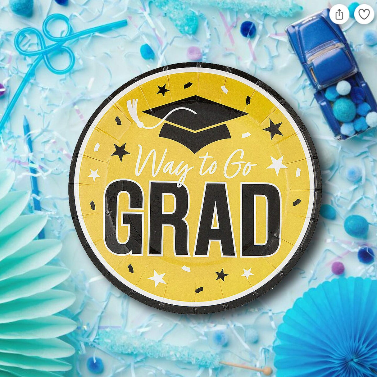 25 Count Yellow Way to Go Grad Disposable Paper Dessert Plates 7 1/4 Inch Graduation Party Supplies