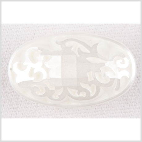 Oval-Shaped Plastic Shank Back Button - 24L/15mm - Pearly Off White Ornate Engravings