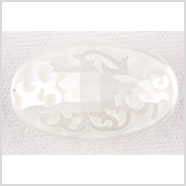Oval-Shaped Plastic Shank Back Button - 24L/15mm - Pearly Off White Ornate Engravings