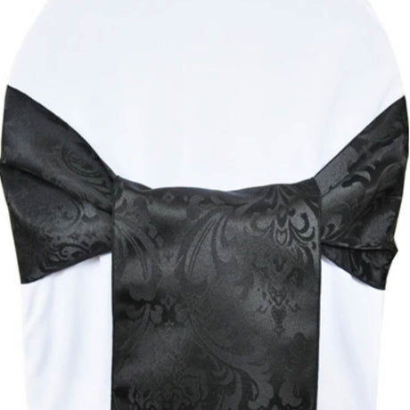 10 Pieces Elegant Black Floral Damask Jacquard Chair Sashes 7.5 x 108 Inches