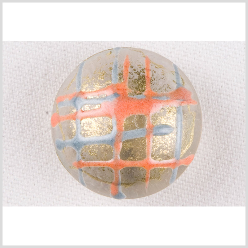 Plastic Shank Back Button - 36L/23mm - Domed Orange, Sky Blue and Gold Lines and Splatters