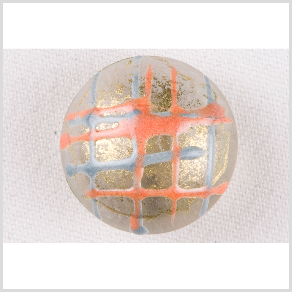 Plastic Shank Back Button - 36L/23mm - Domed Orange, Sky Blue and Gold Lines and Splatters
