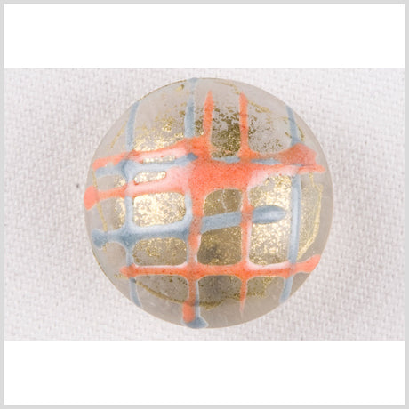 Plastic Shank Back Button - 36L/23mm - Domed Orange, Sky Blue and Gold Lines and Splatters