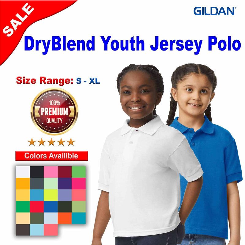 GildanÂ® Youth DryBlend Jersey Polo Moisture Wicking Cotton Polyester Knit School Uniform Shirt 6 oz Classic Fit