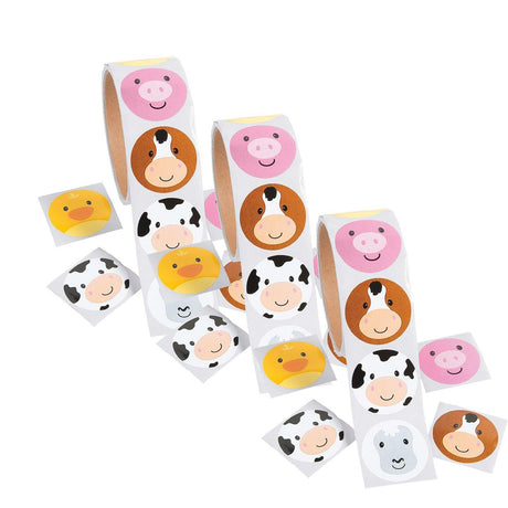1 1/2" Farm Animal Face Multicolor Paper Sticker Roll 100 Pc