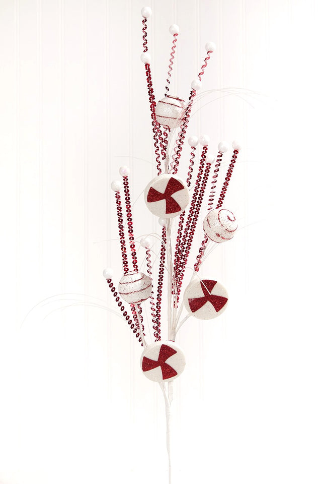 33" Red and White Glitter Peppermint Grass Spray