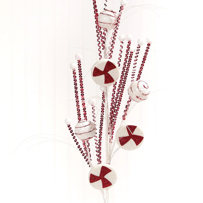 33 Inch Red and White Glitter Peppermint Grass Spray Decorative Christmas Stem
