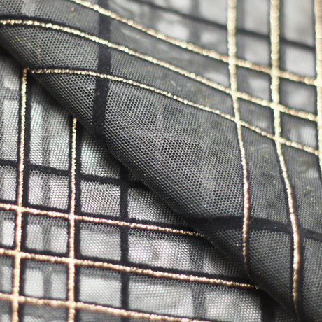 Plaid Foil Mesh Polyester Spandex Fabric - Fuchsia/Black, Silver/Black, Gold/Black, Plaid Hologram, 58/60" Width (1 Yard)