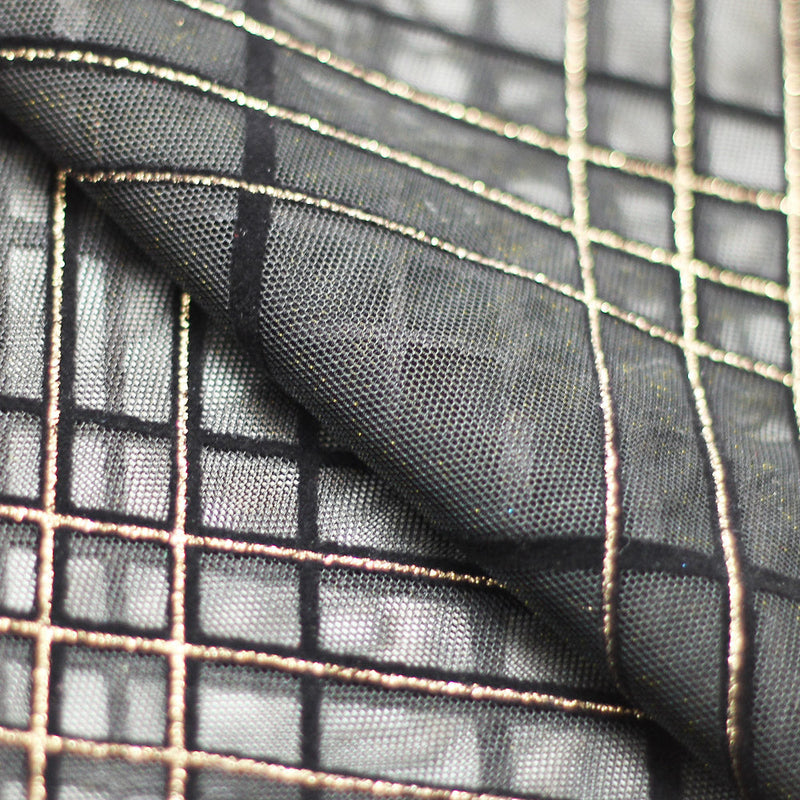 Plaid Foil Mesh Polyester Spandex Fabric - Fuchsia/Black, Silver/Black, Gold/Black, Plaid Hologram, 58/60" Width (1 Yard)