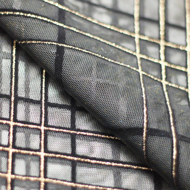 Plaid Foil Mesh Polyester Spandex Fabric - Fuchsia/Black, Silver/Black, Gold/Black, Plaid Hologram, 58/60" Width (1 Yard)