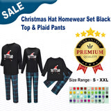 Christmas Hat Homewear Set Black Top & Plaid Pants