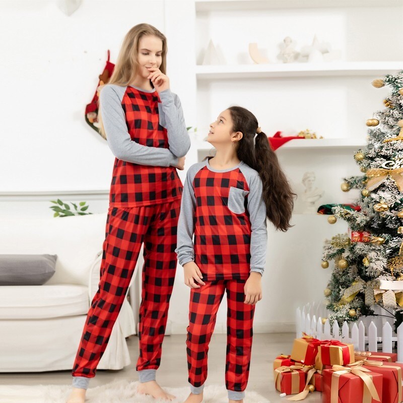 Christmas Outfits Raglan Sleeves Plaid Nightwear Sets