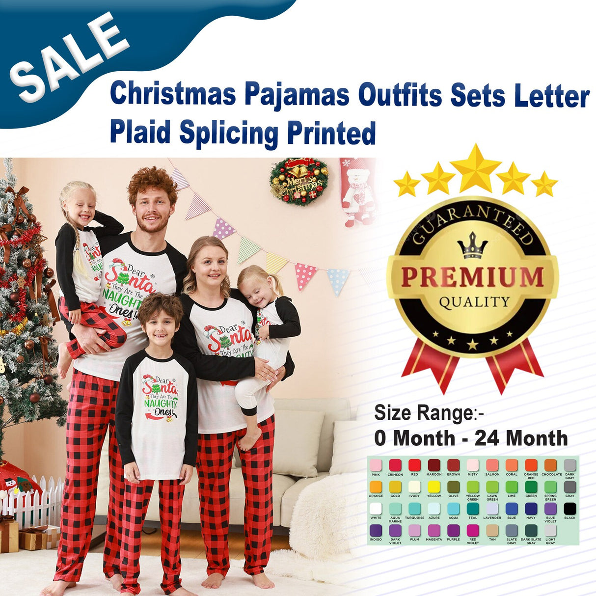 Christmas Pajamas Outfits Sets Letter Plaid Splicing Printed