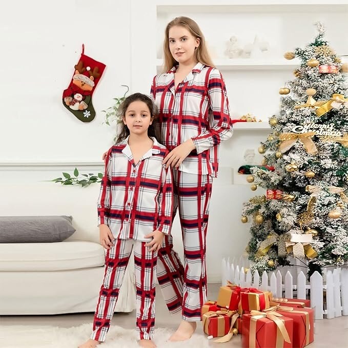 Christmas Outfits Checkered Open Button Pajamas Sets