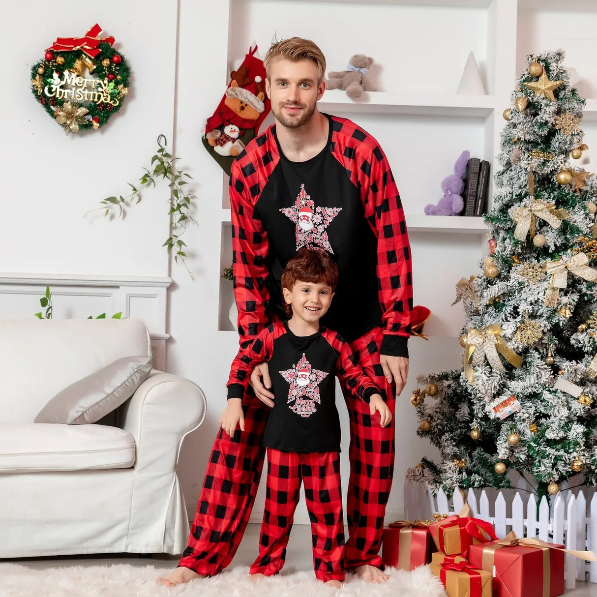 Christmas Outfits Home Wear Star Plaid Print Tops Pants Jumpsuit