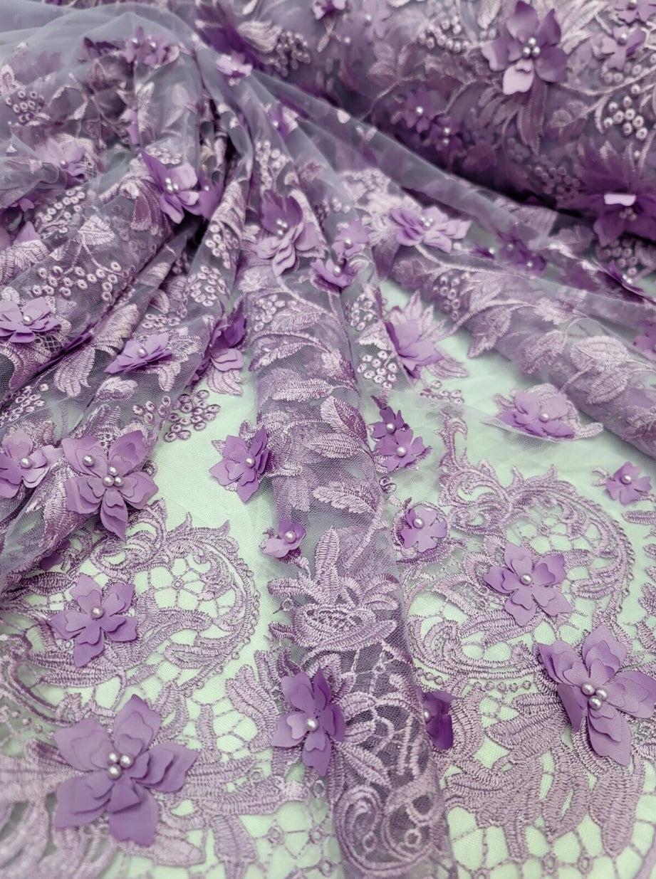 3D Floral Embroidered Mesh Lace Fabric Lavender
