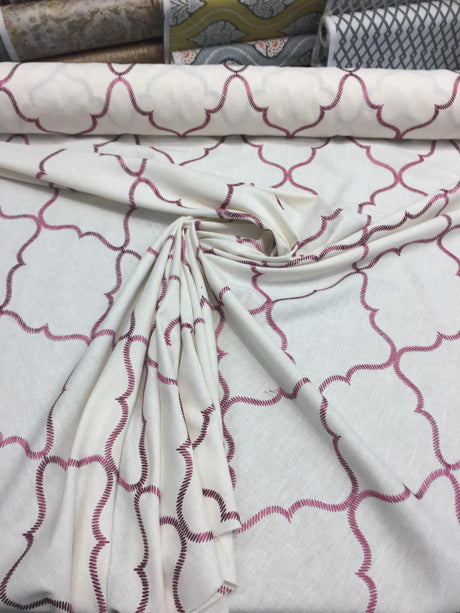 Eliza Embroidered Raspberry Polyester Cotton Fabric - Red Embroidery On White, Linen Look, 45% Cotton / 55% Polyester (By The Yard)