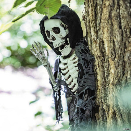 Hanging Skeleton Reaper Creeper Halloween Decor with Waving Arm, hangs on a porch or door for spooky Halloween display