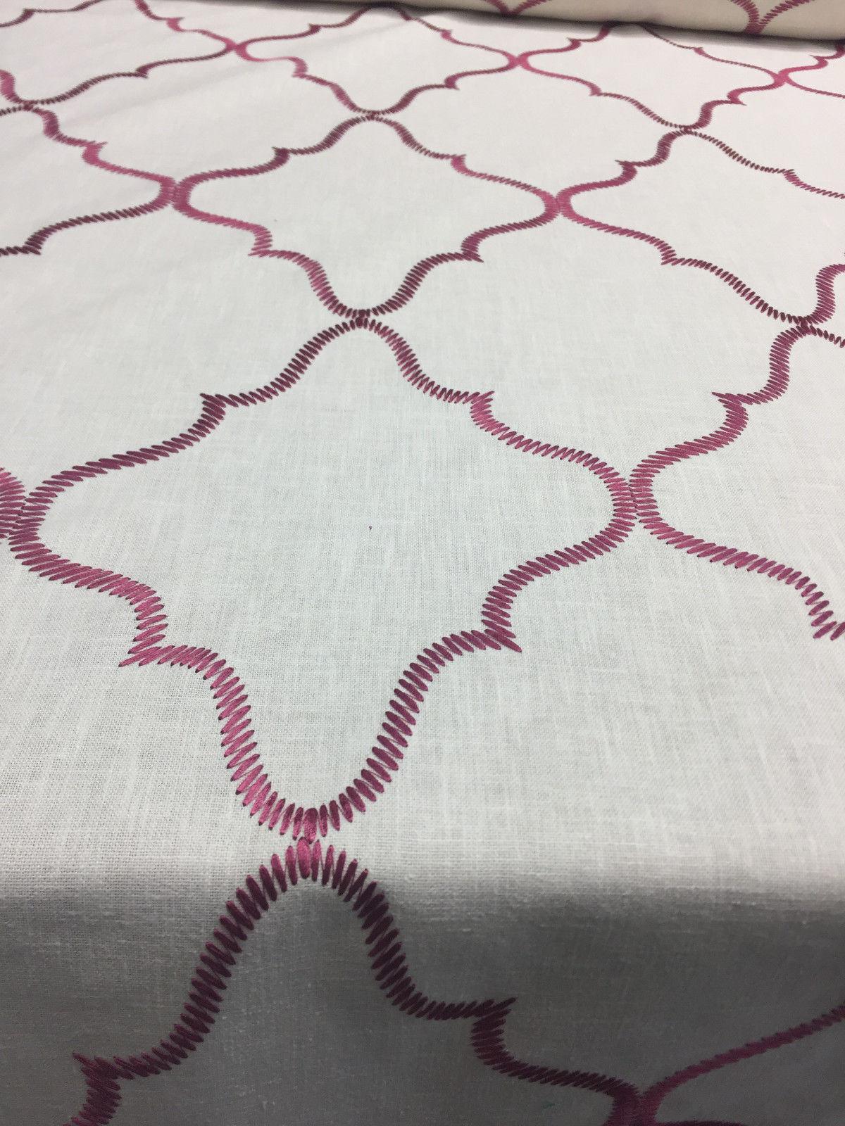 Eliza Embroidered Raspberry Polyester Cotton Fabric - Red Embroidery On White, Linen Look, 45% Cotton / 55% Polyester (By The Yard)