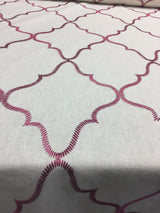 Eliza Embroidered Raspberry Polyester Cotton Fabric - Red Embroidery On White, Linen Look, 45% Cotton / 55% Polyester (By The Yard)