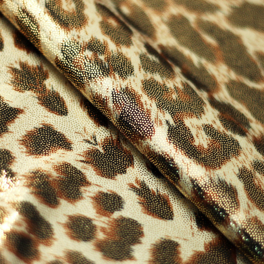 Cougar Foil Polyester Spandex Fabric - Brown Leopard Print, Gold Foil, 58 To 60" Width (1 Yard)