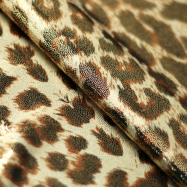 Cougar Foil Polyester Spandex Fabric - Brown Leopard Print, Gold Foil, 58 To 60" Width (1 Yard)