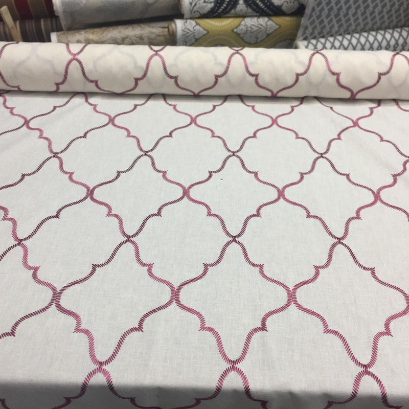 Eliza Embroidered Raspberry Polyester Cotton Fabric - Red Embroidery On White, Linen Look, 45% Cotton / 55% Polyester (By The Yard)
