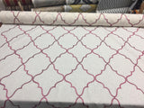 Eliza Embroidered Raspberry Polyester Cotton Fabric - Red Embroidery On White, Linen Look, 45% Cotton / 55% Polyester (By The Yard)