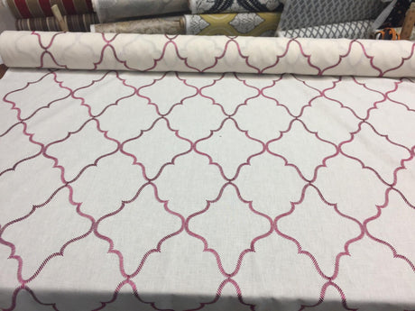 Eliza Embroidered Raspberry Polyester Cotton Fabric - Red Embroidery On White, Linen Look, 45% Cotton / 55% Polyester (By The Yard)