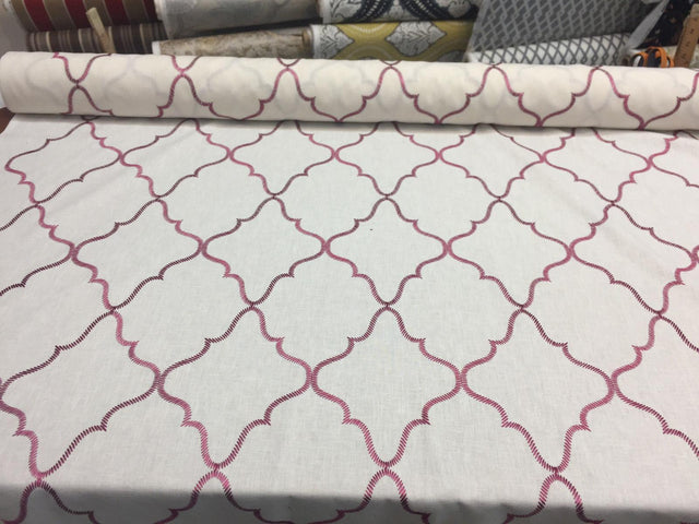 Eliza Embroidered Raspberry Polyester Cotton Fabric - Red Embroidery On White, Linen Look, 45% Cotton / 55% Polyester (By The Yard)