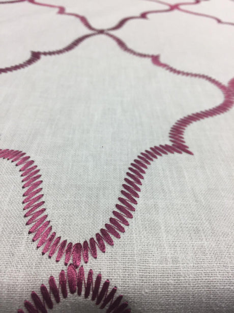 Eliza Embroidered Raspberry Polyester Cotton Fabric - Red Embroidery On White, Linen Look, 45% Cotton / 55% Polyester (By The Yard)