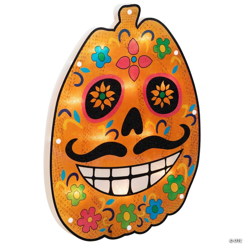 15" Lighted Sugar Skull Pumpkin Halloween Window Silhouette